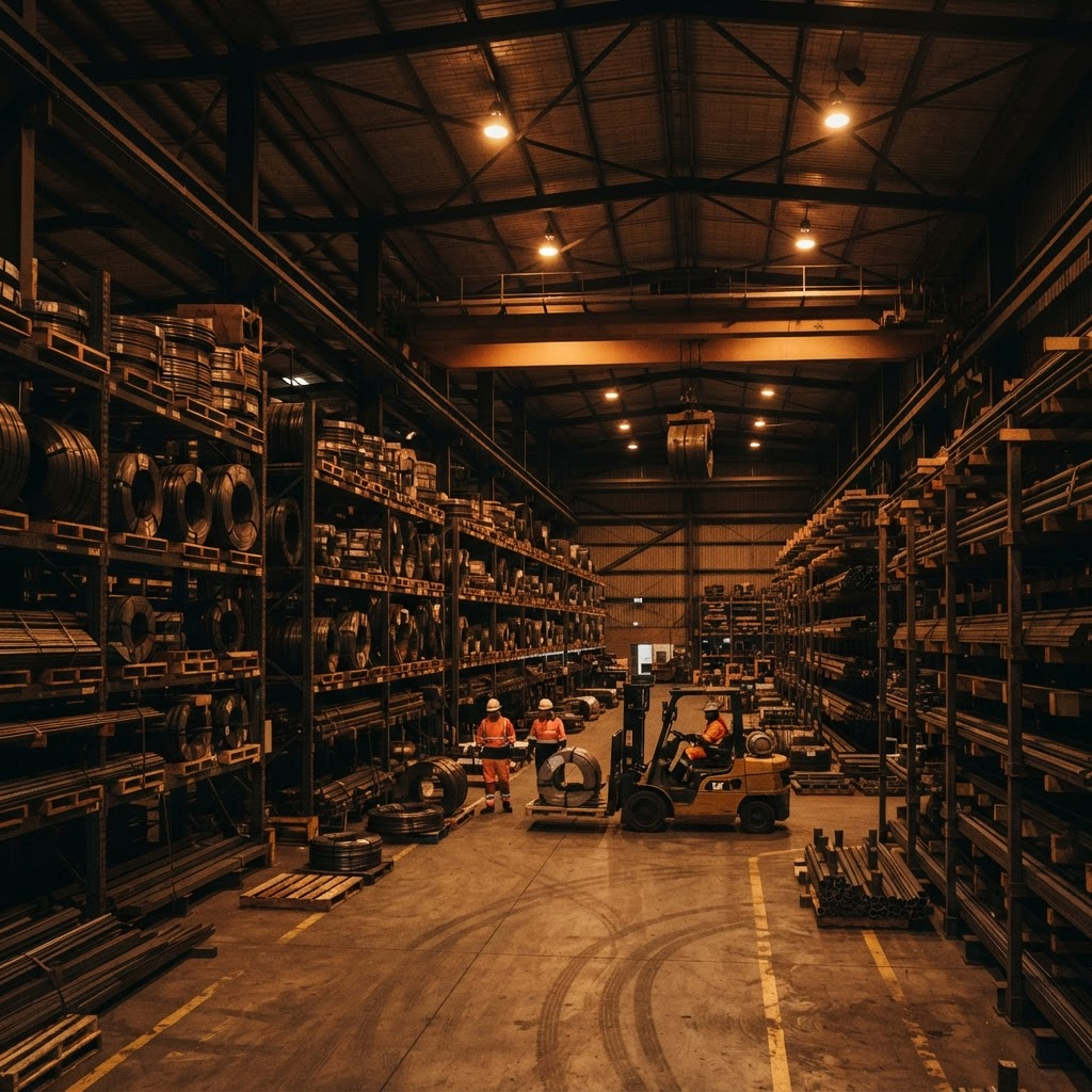 Interior of a modern metals distribution warehouse stacked with coils and bars