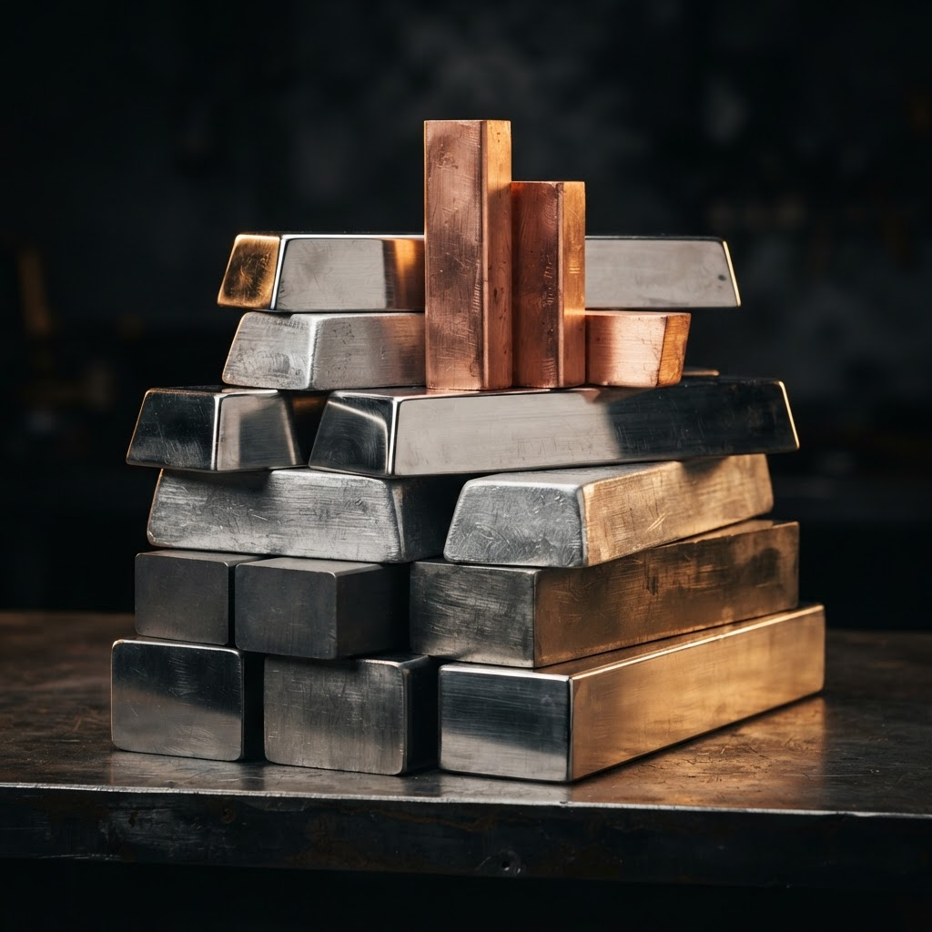 Stacked polished metal ingots and alloy billets under dramatic studio lighting